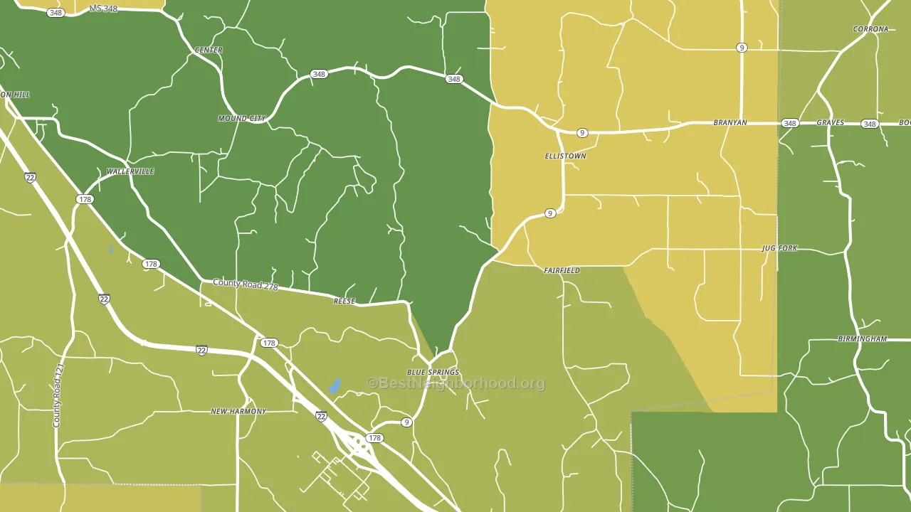 Blue Springs, MS block-group voter-turnout map