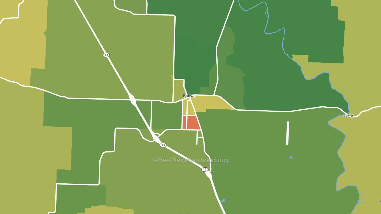 Bolivar, MO block-group voter-turnout map