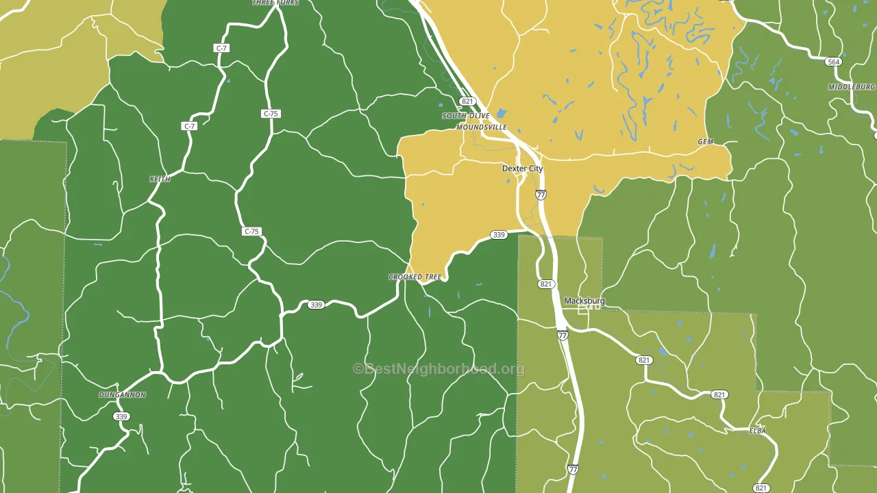 Dexter City, OH block-group voter-turnout map