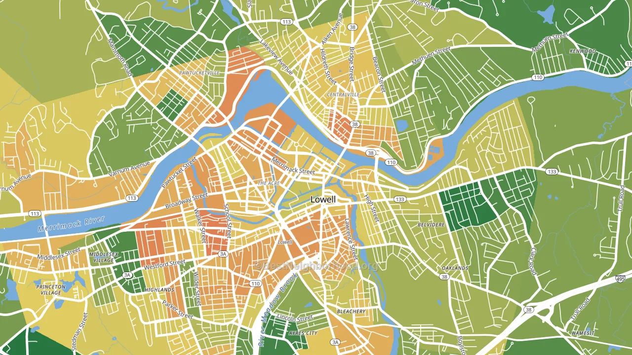 Downtown Lowell, Lowell, MA block-group voter-turnout map