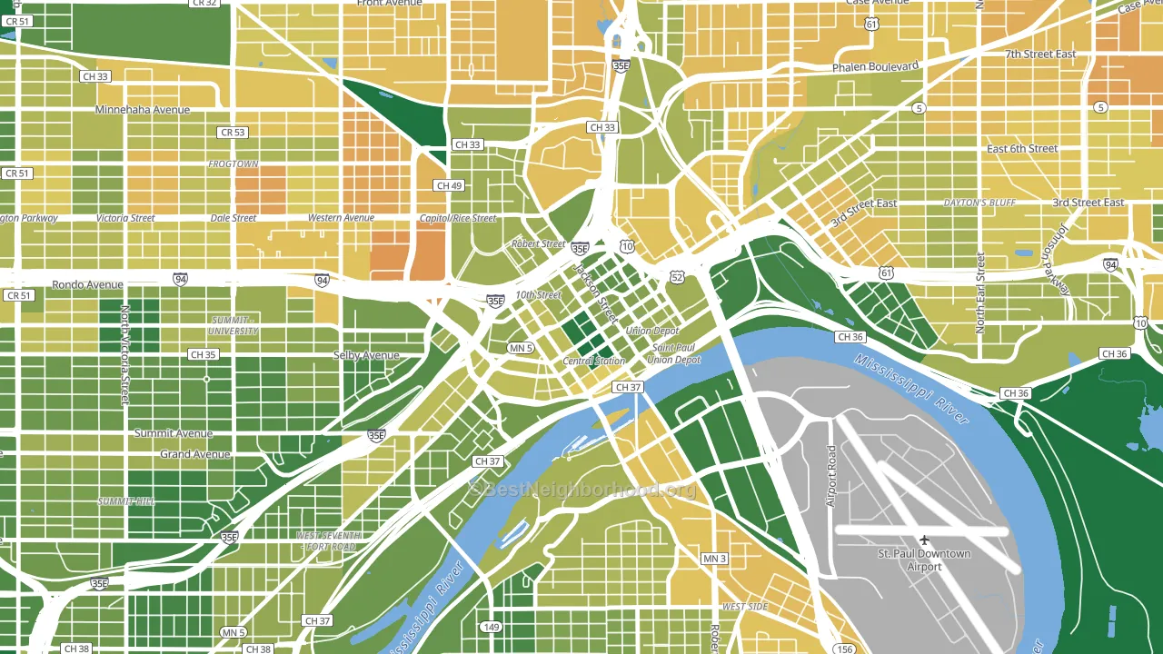 Downtown Minneapolis, St. Paul, MN block-group voter-turnout map
