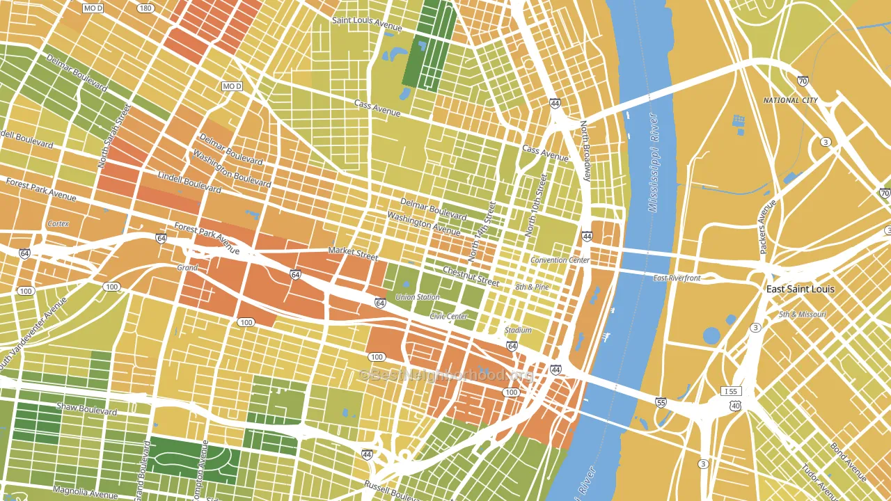 Downtown West, St. Louis, MO block-group voter-turnout map