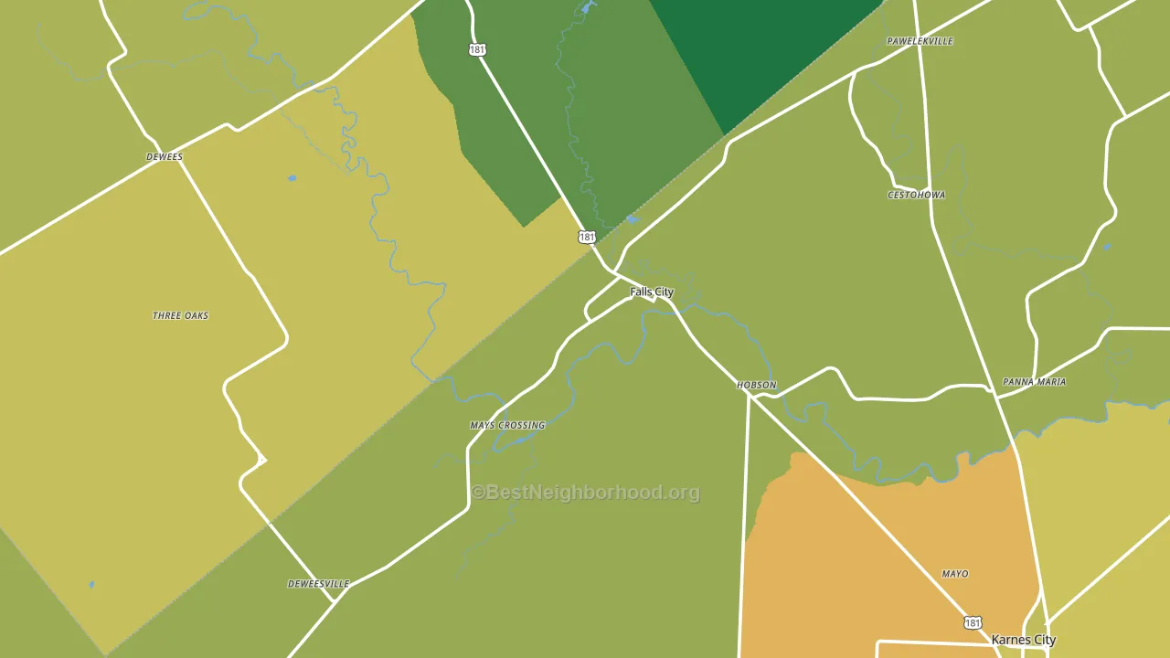 Falls City, TX block-group voter-turnout map