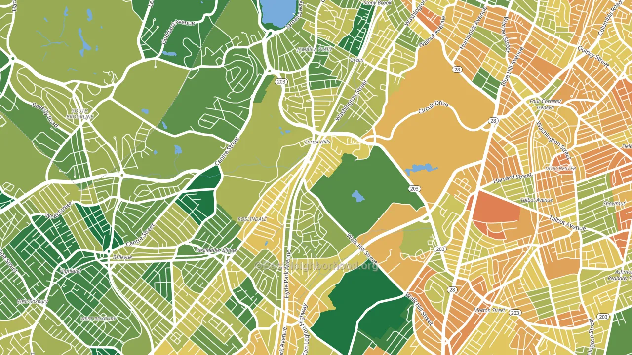 Forest Hills, Jamaica Plain, MA block-group voter-turnout map