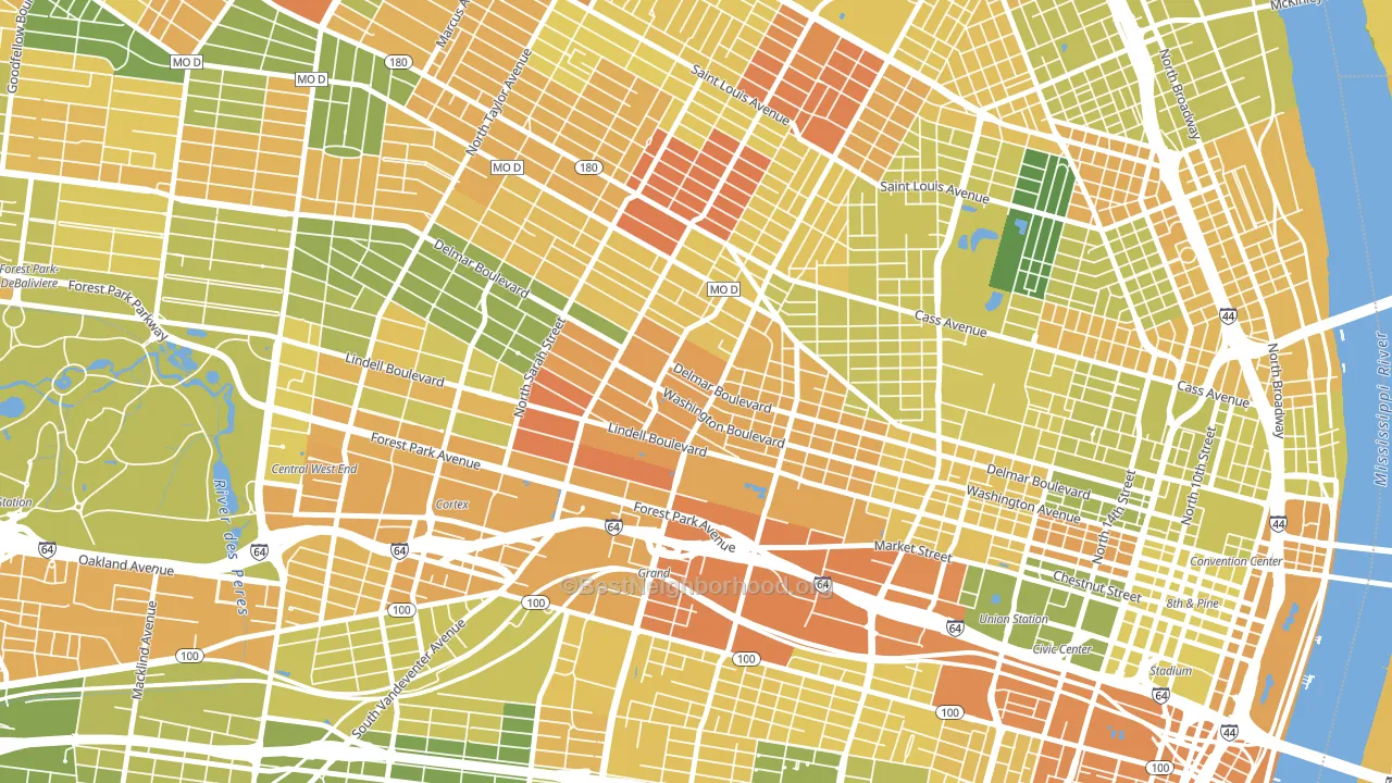 Grand Center, St. Louis, MO block-group voter-turnout map