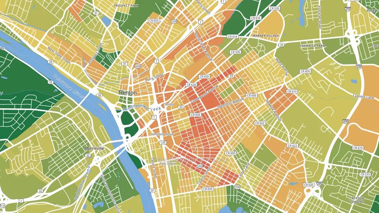 Greenwood and Hamilton, Trenton, NJ block-group voter-turnout map