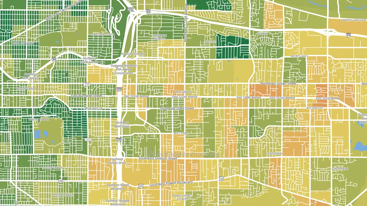 Hazelwood-Mill Park, Portland, OR block-group voter-turnout map