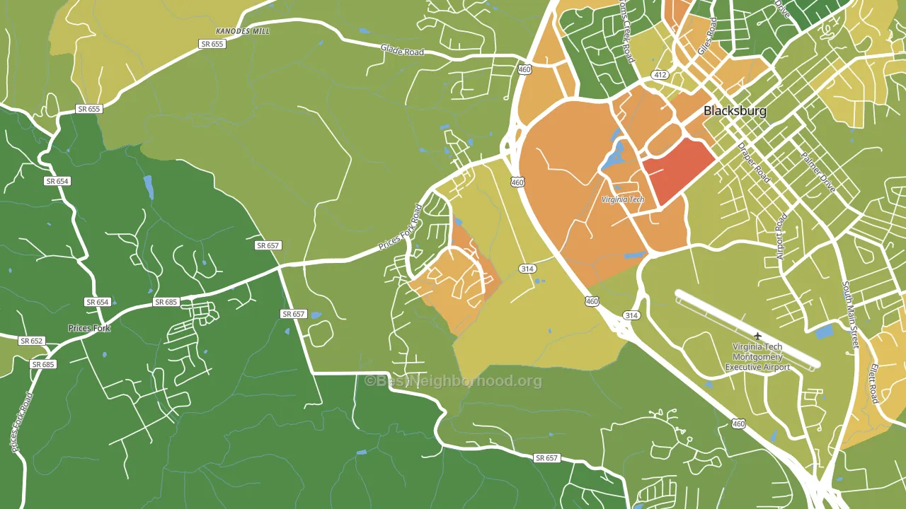Hethwood-Prices Fork, Blacksburg, VA block-group voter-turnout map