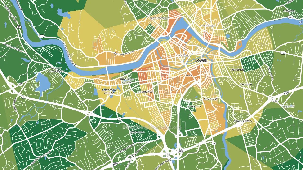 Highlands, Lowell, MA block-group voter-turnout map