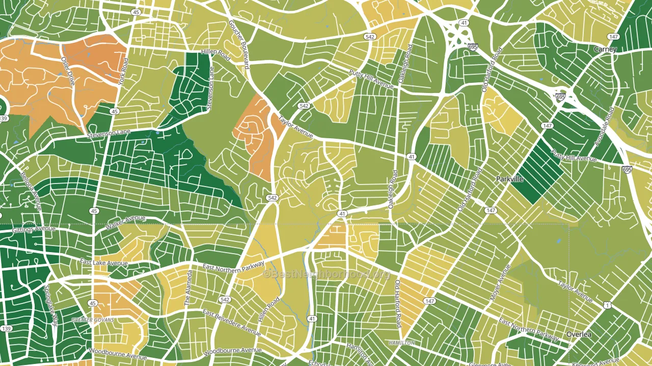 Hillendale, Parkville, MD block-group voter-turnout map
