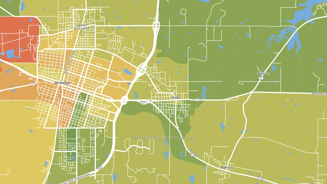Krebs, OK block-group voter-turnout map