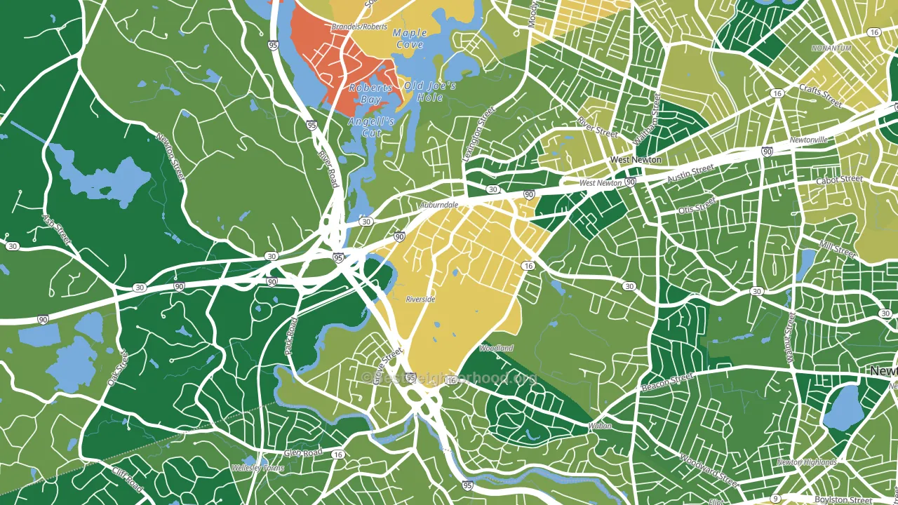 Lasell Village, Auburndale, MA block-group voter-turnout map