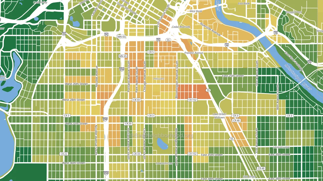 Midtown Phillips, Minneapolis, MN block-group voter-turnout map