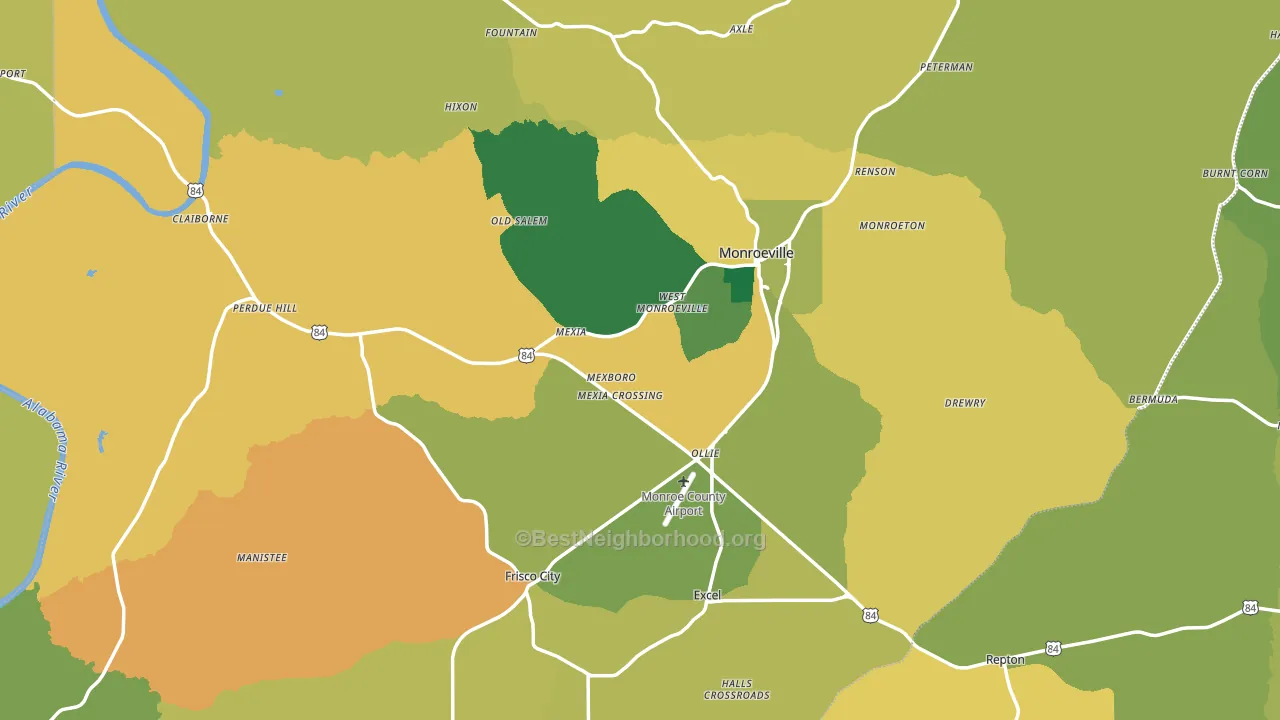 Monroe County, AL block-group voter-turnout map
