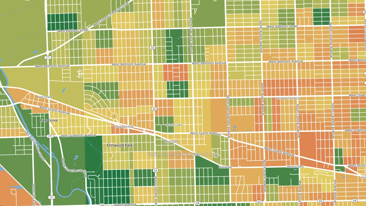 Montclare, Elmwood Park, IL block-group voter-turnout map