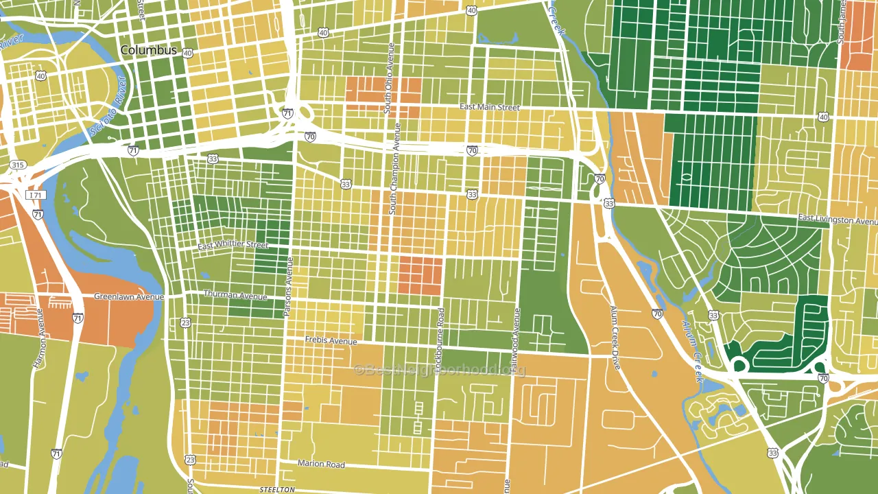 Near Southside, Columbus, OH block-group voter-turnout map