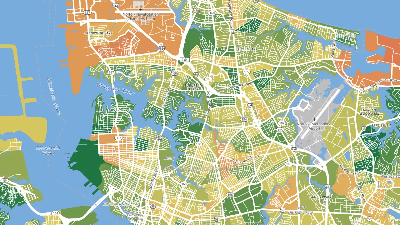 Norfolk City, VA block-group voter-turnout map