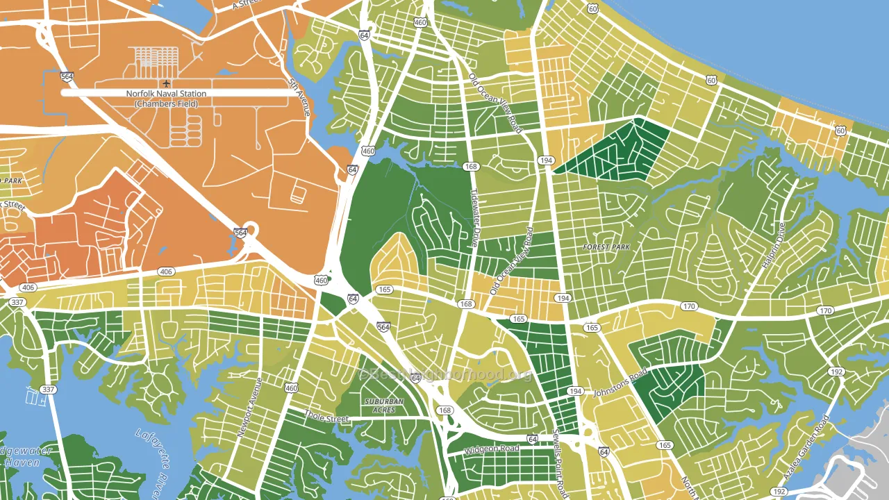 Oakdale Farms, Norfolk, VA block-group voter-turnout map