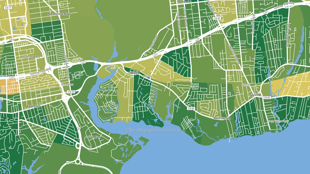 Oakdale, NY block-group voter-turnout map