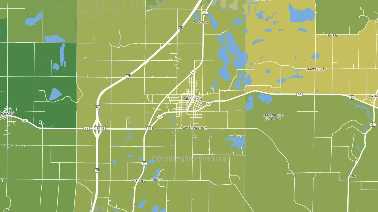 Oakland City, IN block-group voter-turnout map