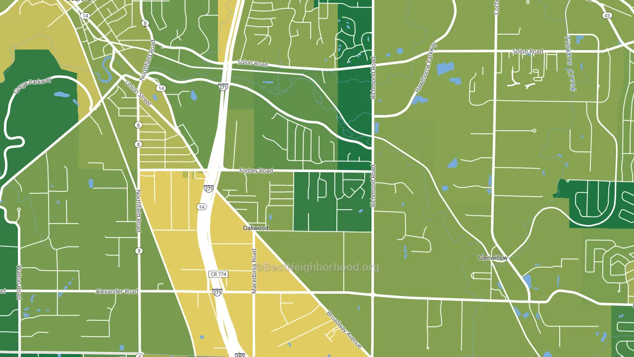 oakwood, Bedford, OH block-group voter-turnout map