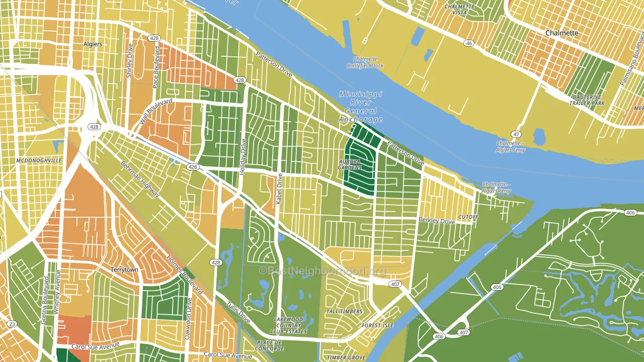 Old Aurora, New Orleans, LA block-group voter-turnout map