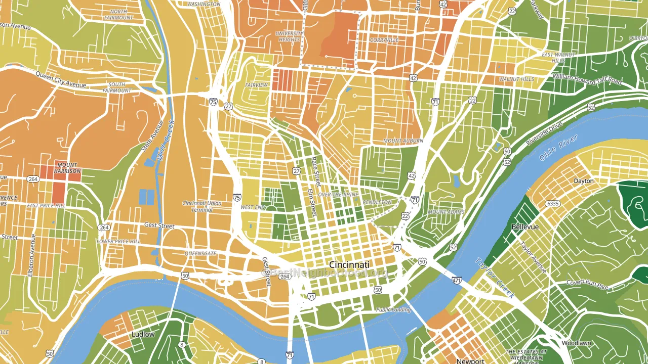 Over-the-Rhine, Cincinnati, OH block-group voter-turnout map