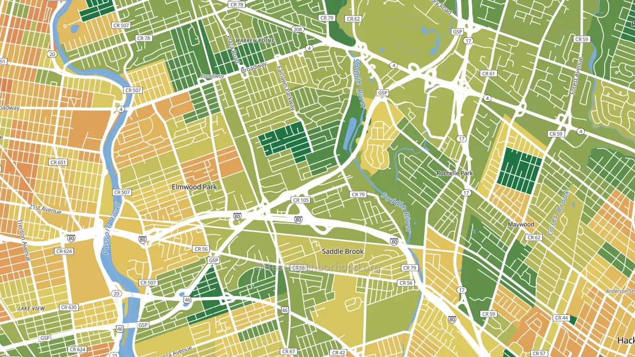 Passaic Junction, Saddle Brook, NJ block-group voter-turnout map