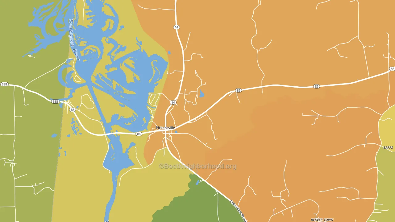Pickensville, AL block-group voter-turnout map