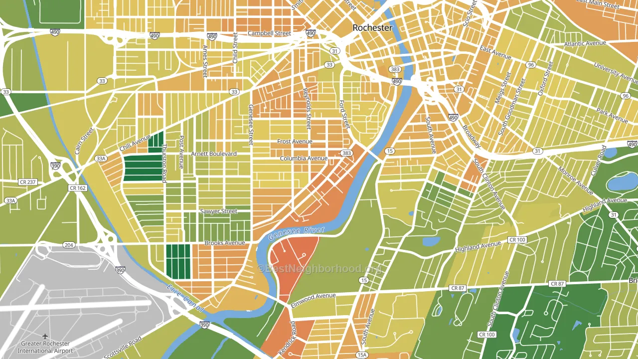 Plymouth-Exchange, Rochester, NY block-group voter-turnout map