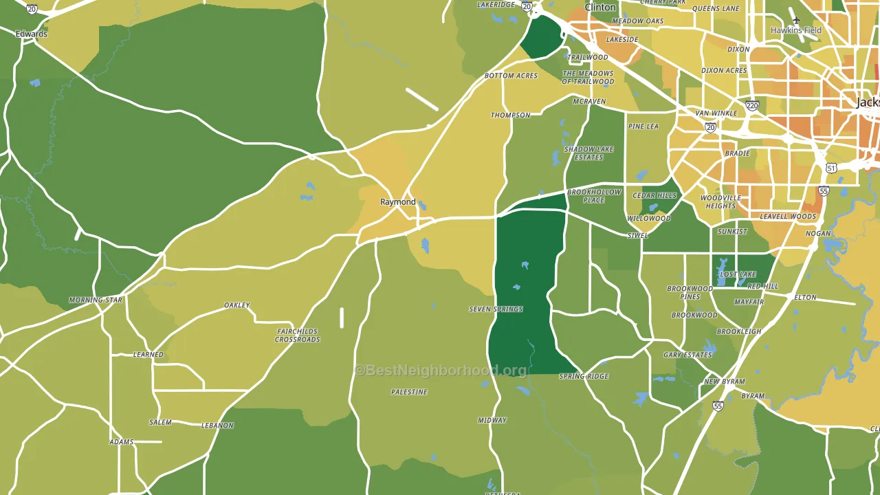 Raymond, MS block-group voter-turnout map