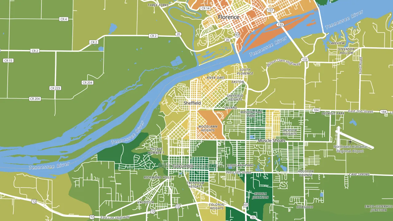 Sheffield, AL block-group voter-turnout map