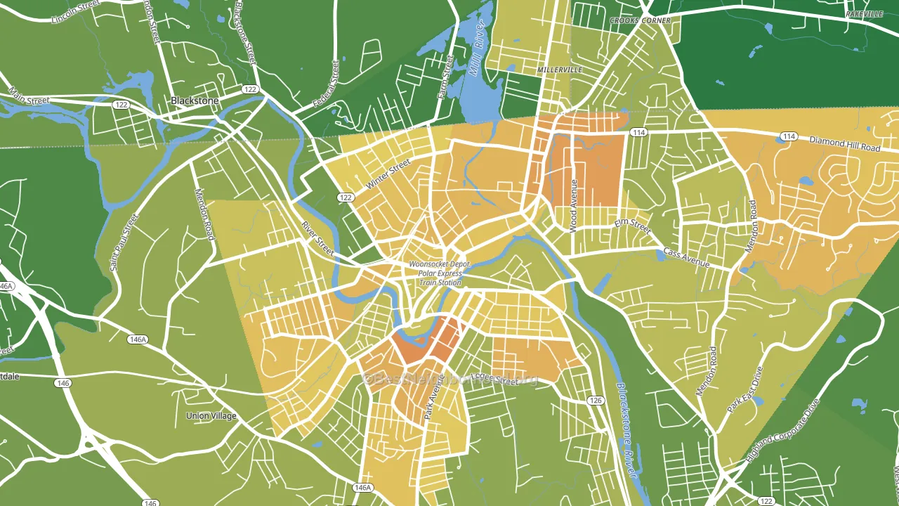 Social, Woonsocket, RI block-group voter-turnout map
