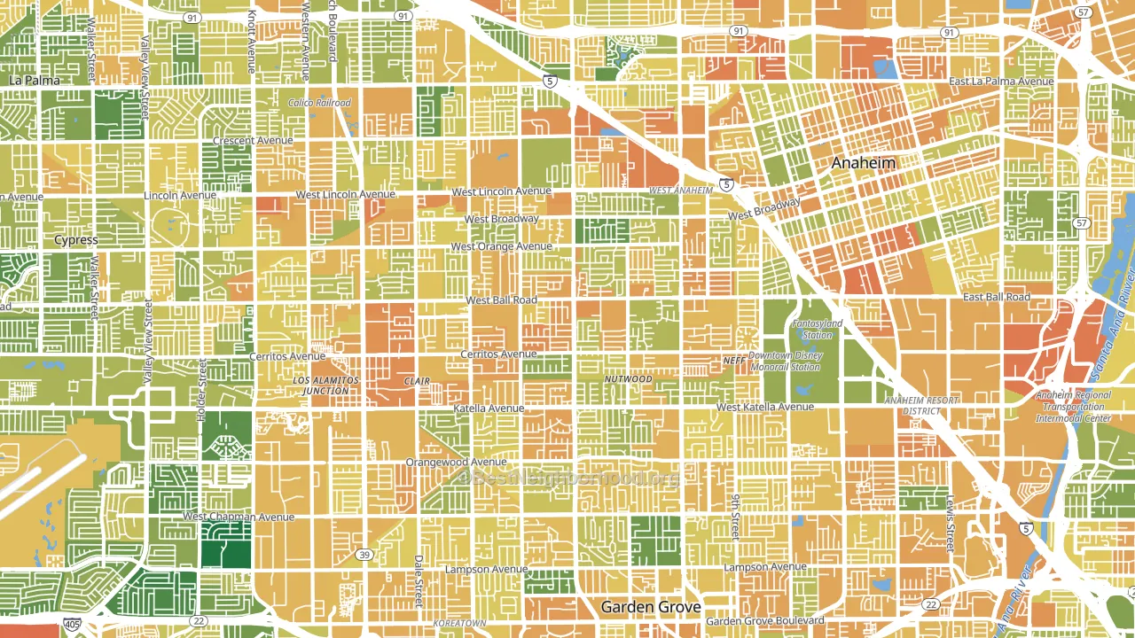 Southwest, Anaheim, CA block-group voter-turnout map
