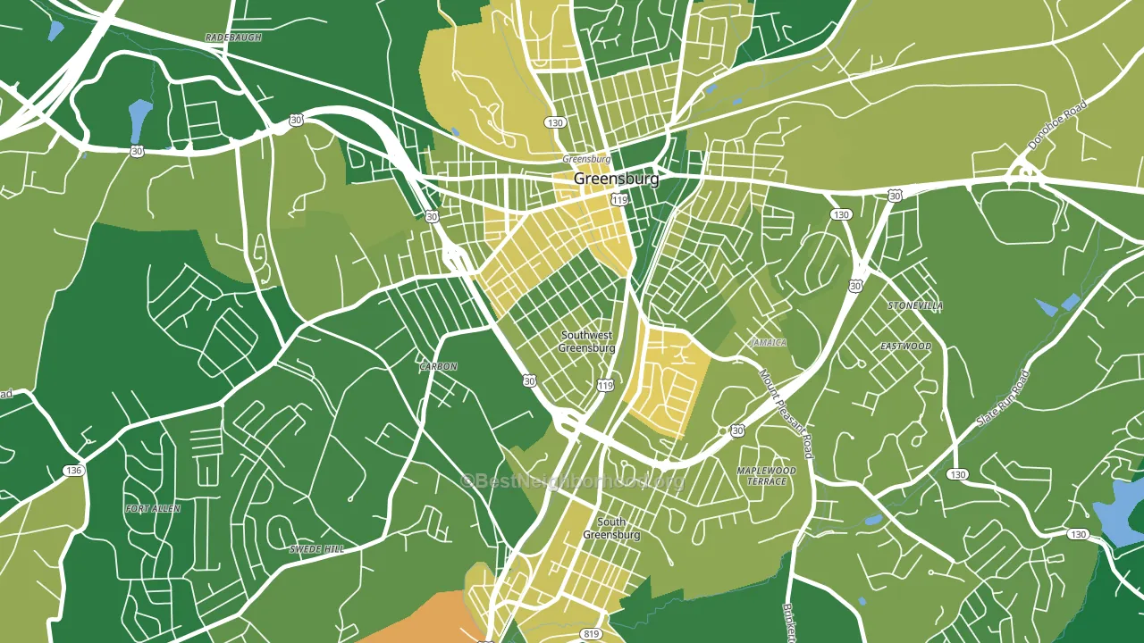 Southwest Greensburg, PA block-group voter-turnout map