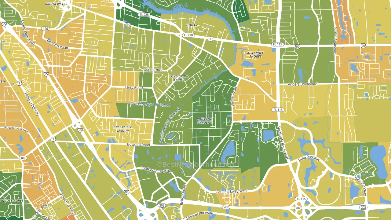 Tiger Hole-Secret Woods, Jacksonville, FL block-group voter-turnout map