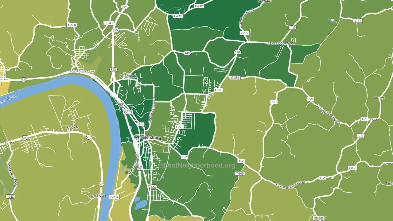 Wheelersburg, OH block-group voter-turnout map