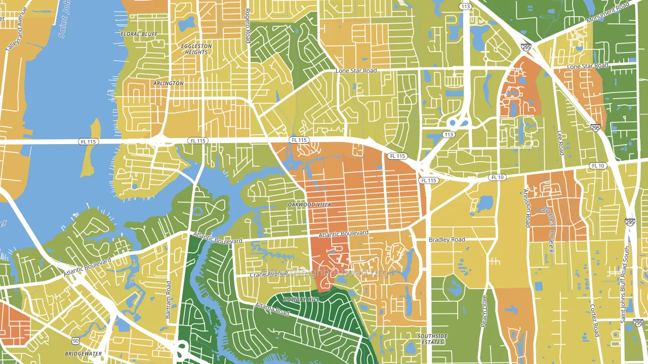 Woodland Acres, Jacksonville, FL block-group voter-turnout map