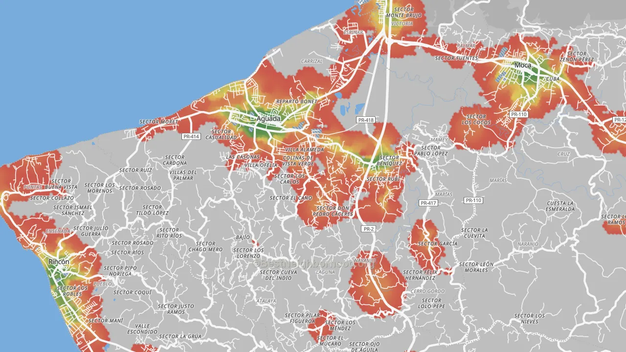 Walk Grade map of 00602, PR, walkable areas in green and car-dependent areas in red