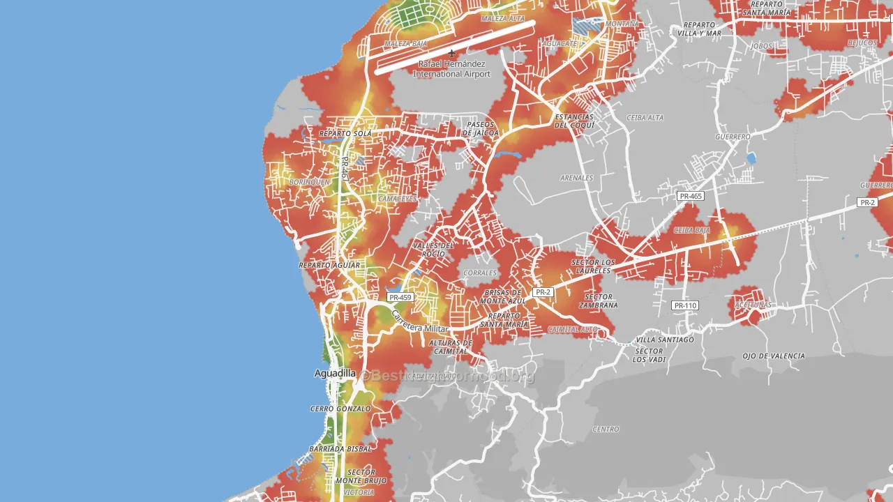 Walk Grade map of 00603, PR, walkable areas in green and car-dependent areas in red