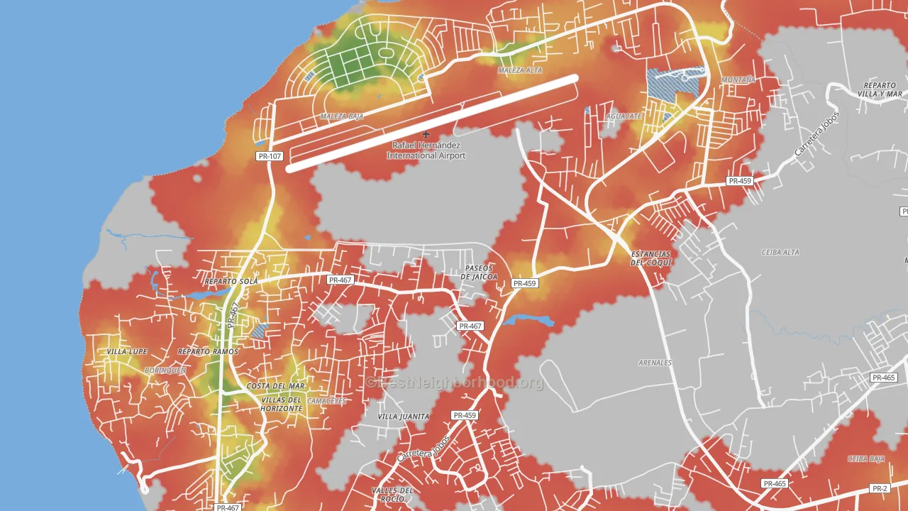 Walk Grade map of 00604, PR, walkable areas in green and car-dependent areas in red