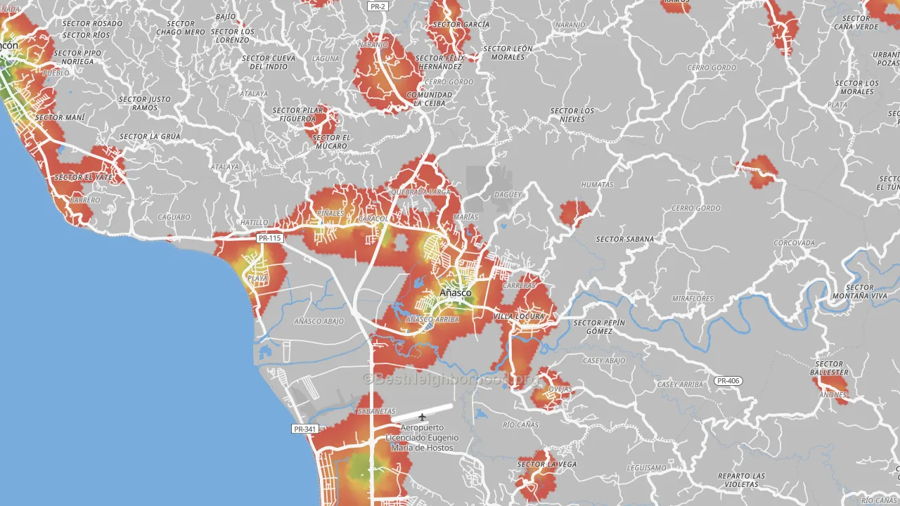 Walk Grade map of 00610, PR, walkable areas in green and car-dependent areas in red