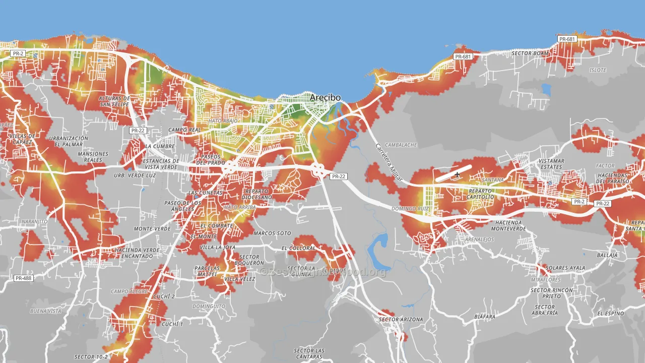 Walk Grade map of 00612, PR, walkable areas in green and car-dependent areas in red