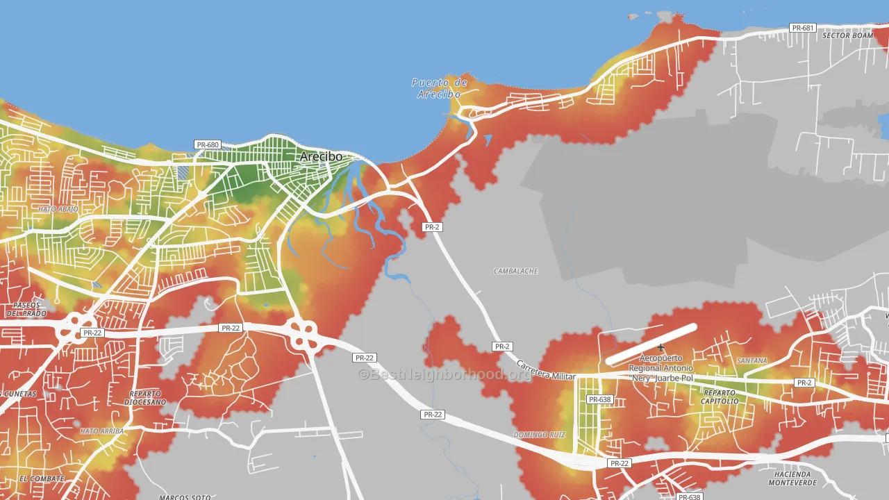 Walk Grade map of 00614, PR, walkable areas in green and car-dependent areas in red