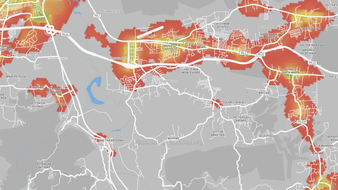 Walk Grade map of 00616, PR, walkable areas in green and car-dependent areas in red
