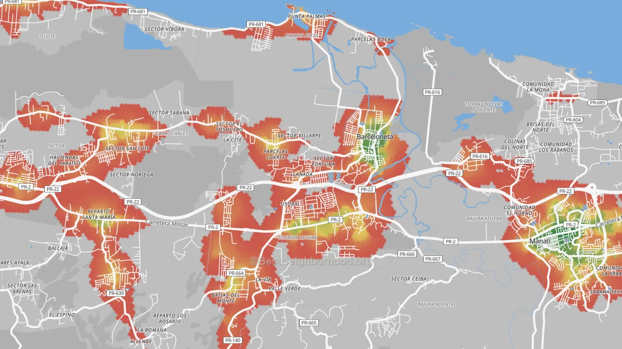 Walk Grade map of 00617, PR, walkable areas in green and car-dependent areas in red