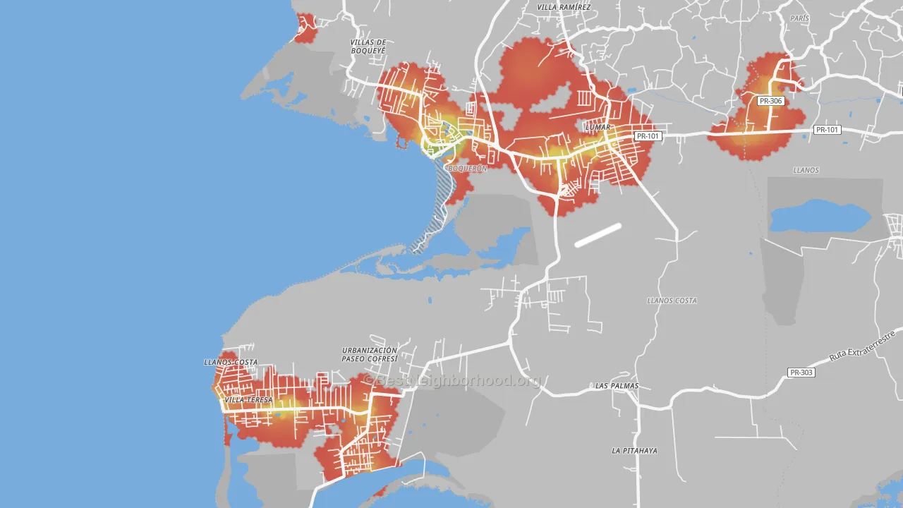 Walk Grade map of 00622, PR, walkable areas in green and car-dependent areas in red