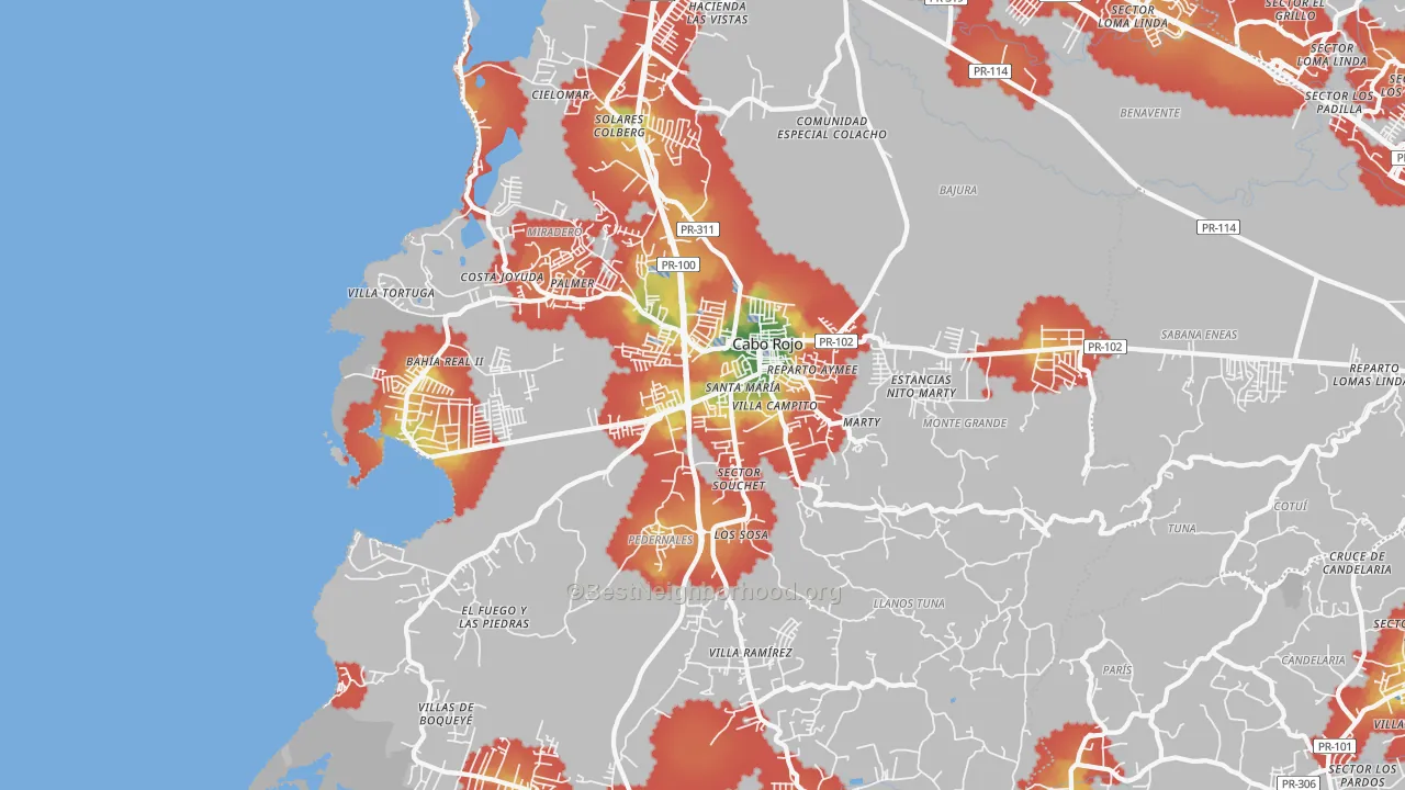 Walk Grade map of 00623, PR, walkable areas in green and car-dependent areas in red