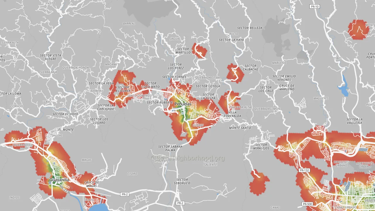 Walk Grade map of 00624, PR, walkable areas in green and car-dependent areas in red