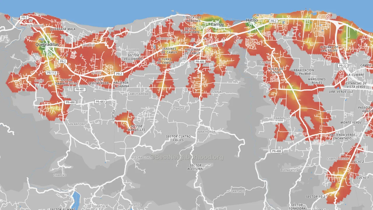 Walk Grade map of 00627, PR, walkable areas in green and car-dependent areas in red